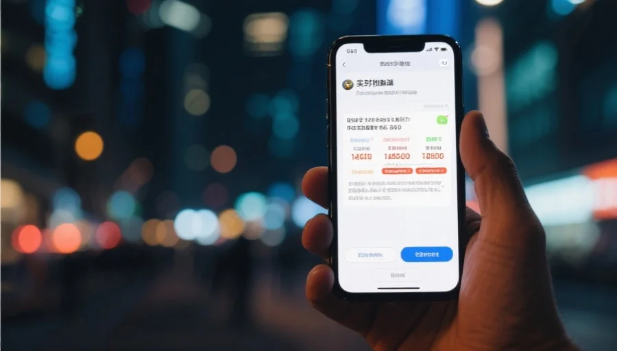 一只手拿着手机，屏幕上弹出实时推送通知，内容为开奖结果，背景为模糊的城市夜景