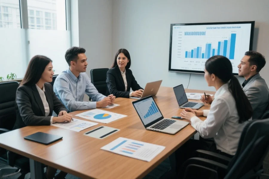 一群人在会议室围坐讨论数据分析方案，桌面上摆有笔记本电脑和数据报告